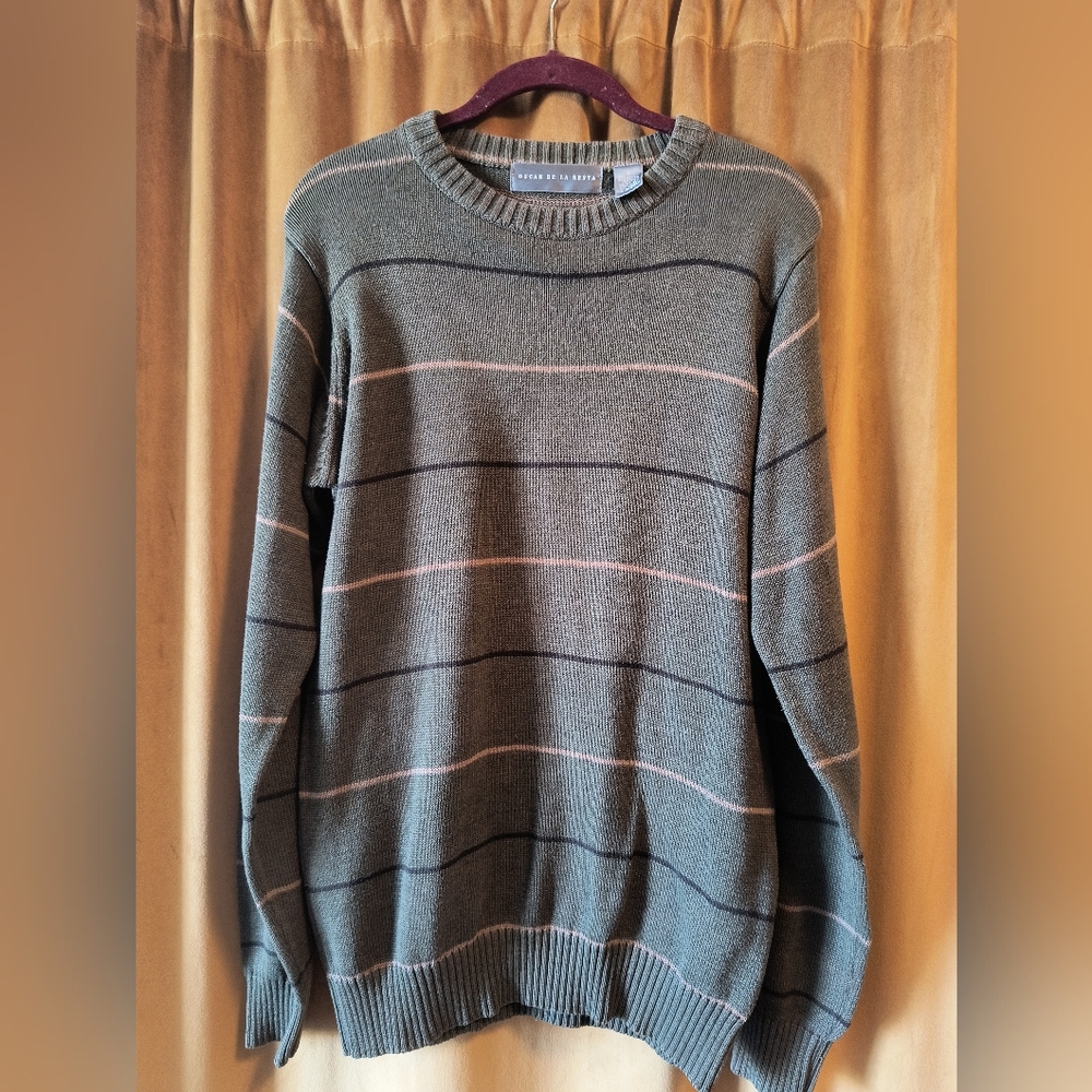 Oscar De La Renta Vintage Crewneck Sweater Olive Green Striped Small